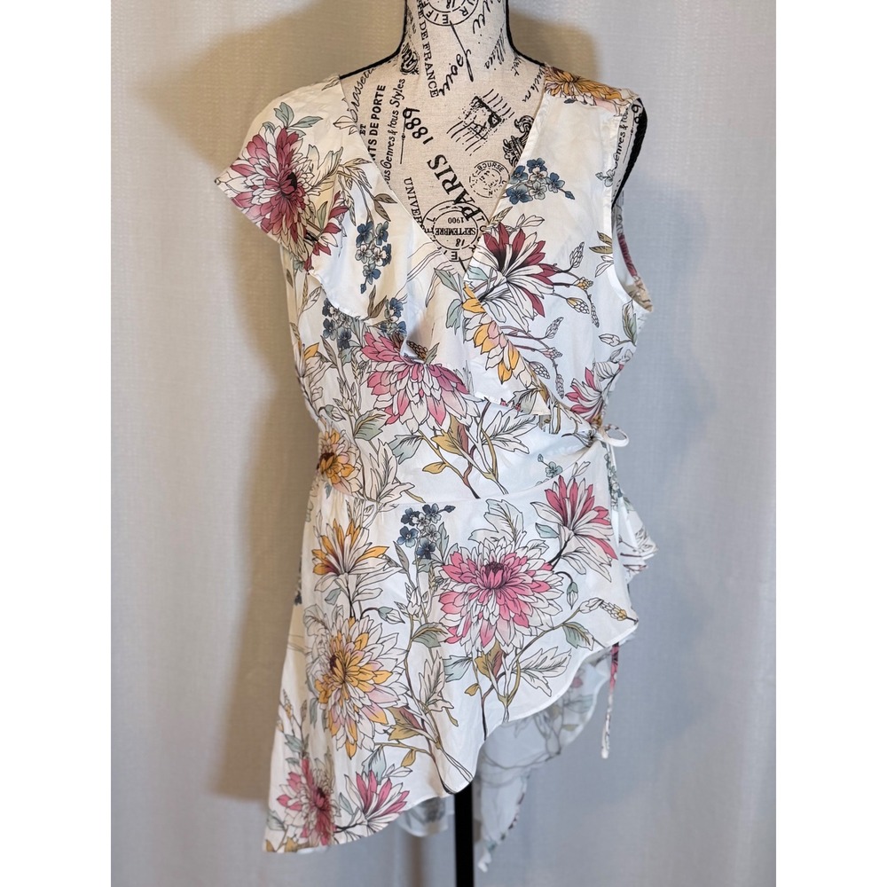 BCBGMAXAZRIA Wild Flower Ruffle Wrap Top High Low Floral Blouse  LARGE